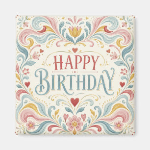 Aimant Joyeux Anniversaire Art Populaire Scandinave Tourb