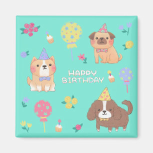 Aimant Joyeux anniversaire : Chiens, Ballons et Fleurs