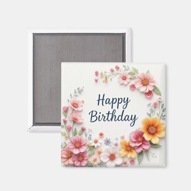 Aimant Joyeux Anniversaire Couronne Florale Élégante (Recto/Verso)