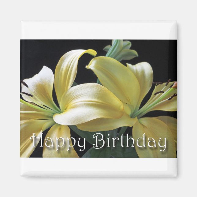 Aimant Joyeux anniversaire Lily Jaune Design floral (Devant)