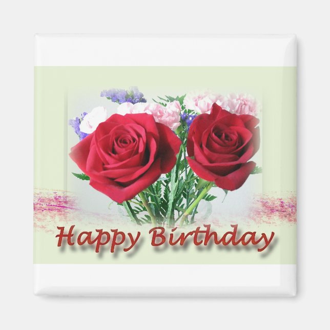 Aimant Joyeux Anniversaire Roses Rouges Design Floral (Devant)