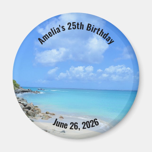 Aimant Joyeux Anniversaire sur une belle plage tropicale  (Devant)