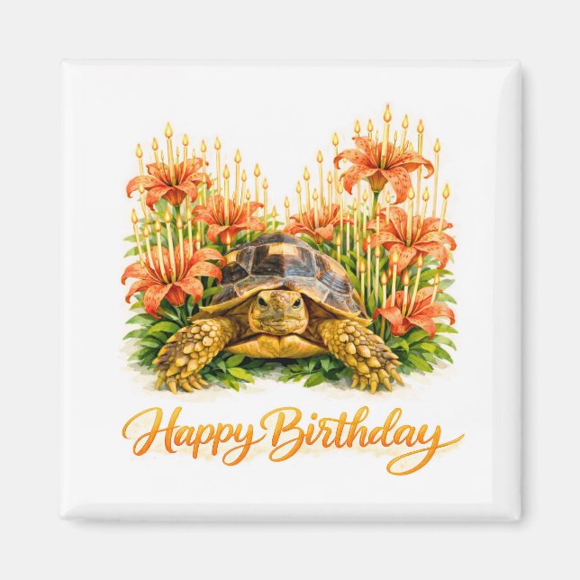 Aimant Joyeux Anniversaire Tortue Sulcata avec Lys Orange (Devant)