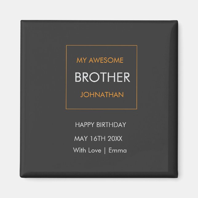 Aimant Joyeux anniversaire, typographie blanc et orange (Devant)