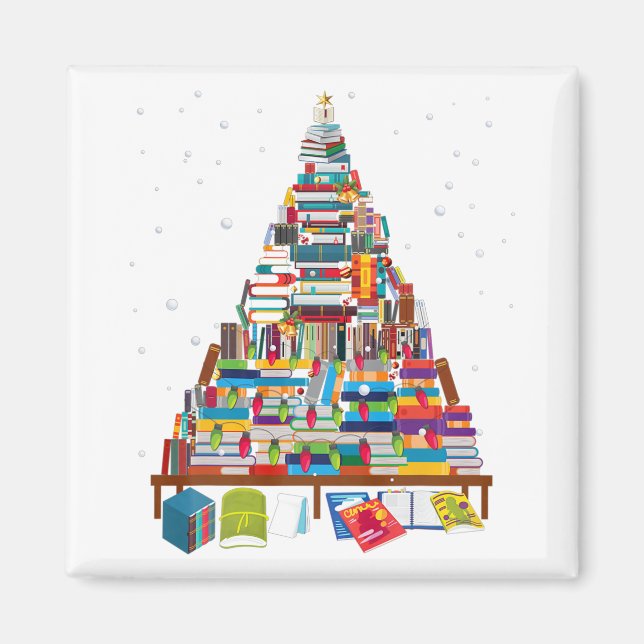 Aimant Joyeux cadeau d'arbre de la bibliothèque de Noël p (Devant)