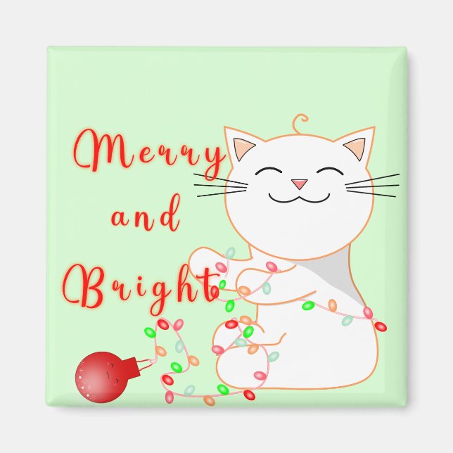 Aimant Joyeux Chat Jouer Avec Lumière LED | Noël mignon (Devant)
