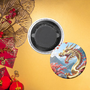 Aimant Joyeux Chinois Nouveau 2024 Golden Dragon Floral