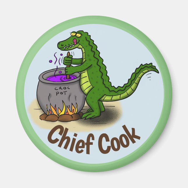 Aimant Joyeux dîner de cuisine d'alligator vert caricatur (Devant)