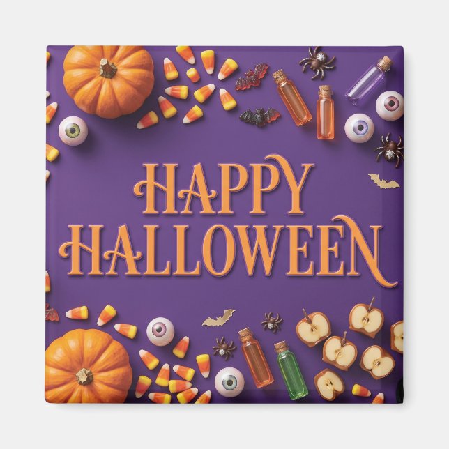 Aimant Joyeux Halloween à plat sur fond violet (Devant)