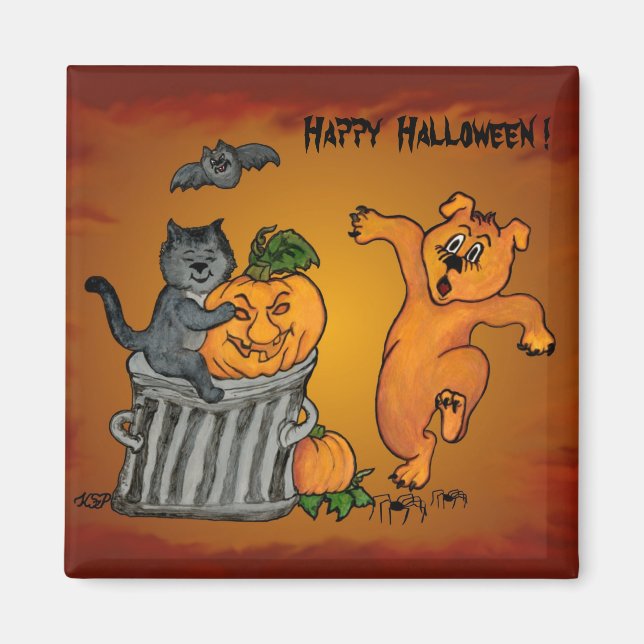 Aimant Joyeux Halloween avec Chat Chat Chien et Araignée (Devant)