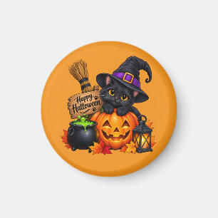 Aimant Joyeux Halloween Chat, Chaudron et Lanterne Art