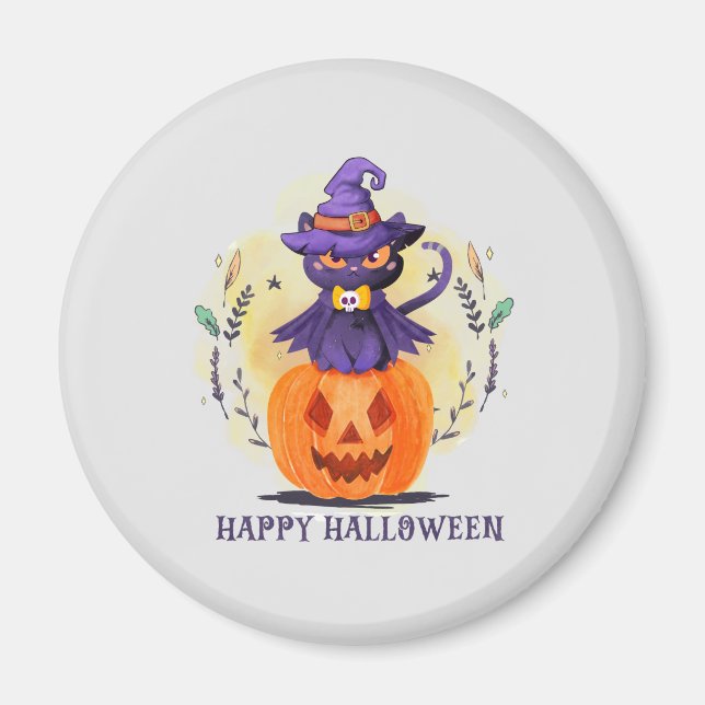 Aimant Joyeux Halloween - Chat noir sorcier (Devant)