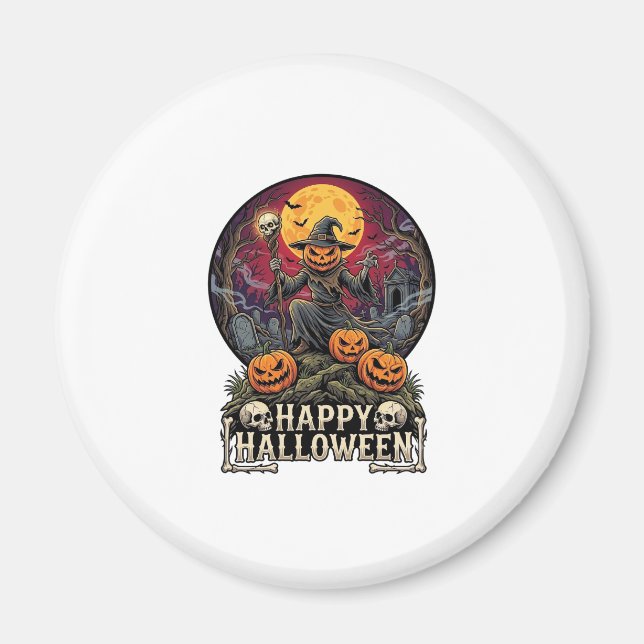 Aimant Joyeux Halloween Citrouille Magicien Cimetière Ple (Devant)