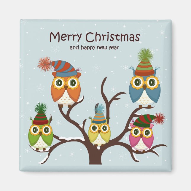 Aimant Joyeux hibou de Noël sur l'aimant de l'arbre (Devant)