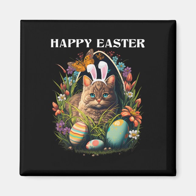Aimant Joyeux Jour de Pâques Lapin Chat Oeufs Panier Homm (Devant)