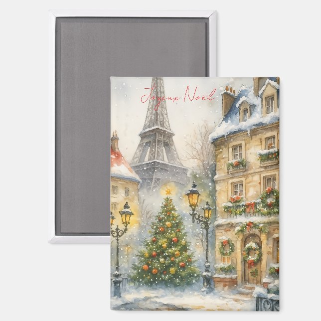 Aimant Joyeux Noël à Paris Aquarelle Tour Eiffel  (Recto/Verso)