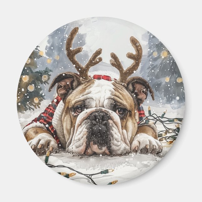 Aimant Joyeux Noël anglais Bulldog Reindeer (Devant)
