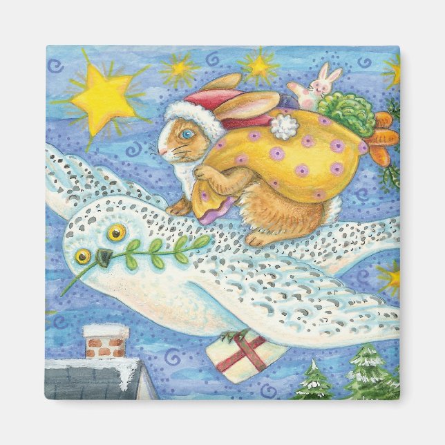 Aimant Joyeux Noël avec Lapin en Père Noël sur Hibou (Devant)