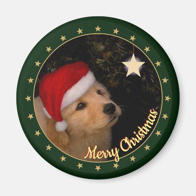 Aimant "Joyeux Noël" Chiot avec chapeau de Père Noël (Devant)