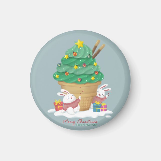 Aimant Joyeux Noël : lapins & crème glacée (Devant)