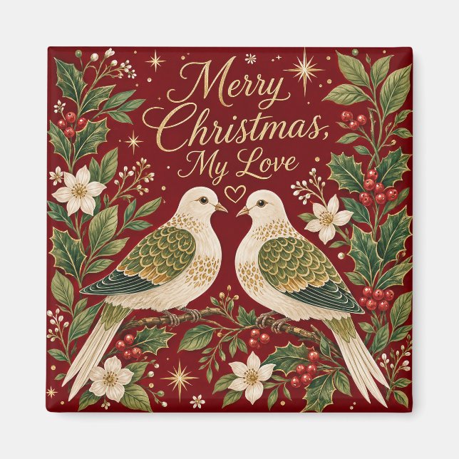 Aimant Joyeux Noël Mon Amour Tourterelles Houx (Devant)