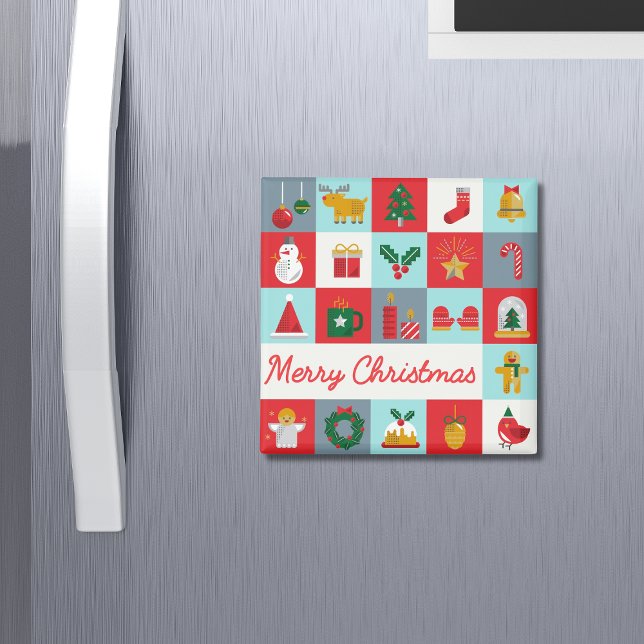Aimant Joyeux Noël Patchwork Rouge Aqua Rétro (Créateur téléchargé)