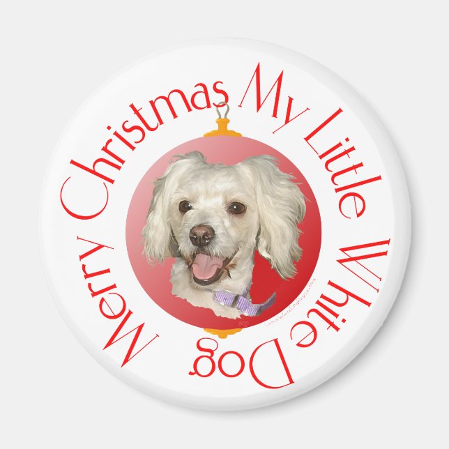Aimant Joyeux Noël Petit Chien Blanc Caniche / Bichon (Devant)