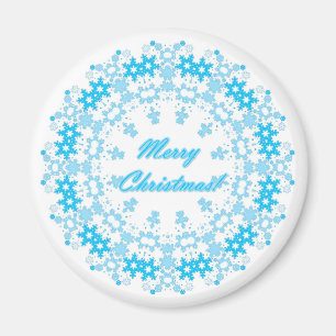 Aimant Joyeux Noël rond flocon de neige hiver blanc bleu