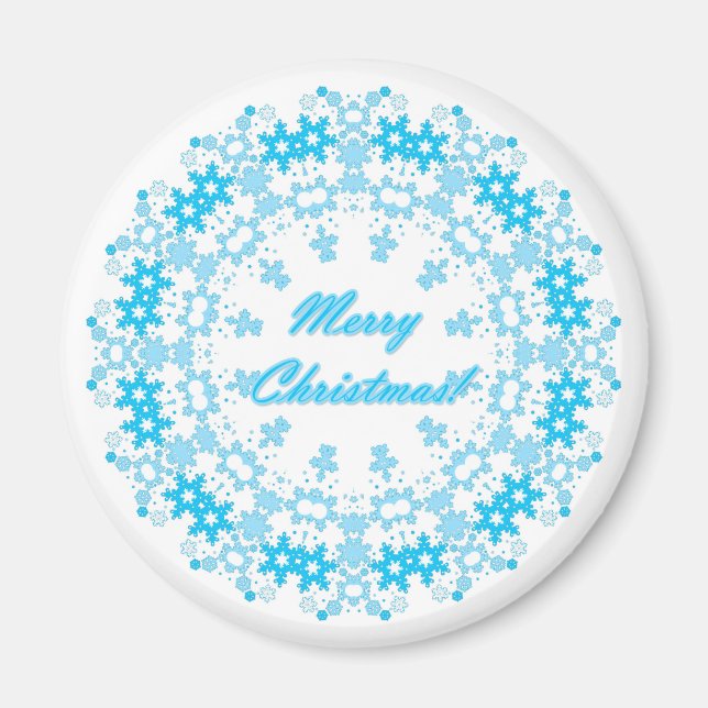 Aimant Joyeux Noël rond flocon de neige hiver blanc bleu (Devant)