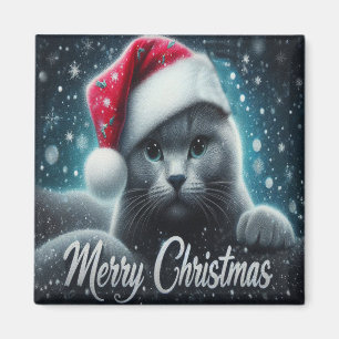 Aimant Joyeux Noël Russe bleu Chat, Noël Père Noël Chat