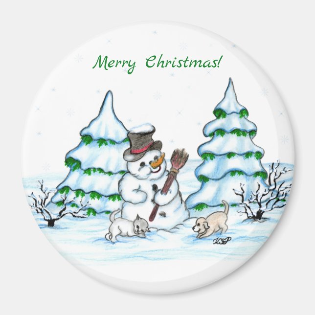 Aimant Joyeux Noël ! Snowman avec chat et chiot (Devant)