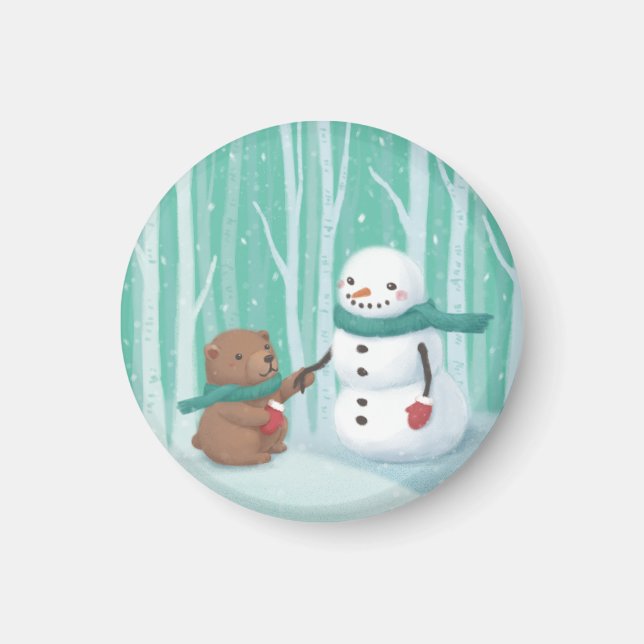 Aimant Joyeux Noël : Snowman & Ours Illustration Art (Devant)