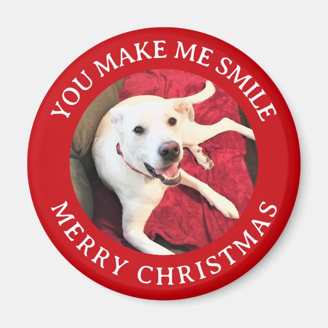 Aimant Joyeux Noël Souriant Chien Photo Funny Rouge rond (Devant)
