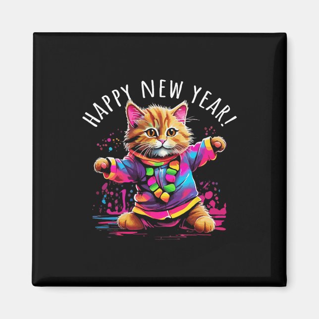 Aimant Joyeux Nouvel An Fête Danser Design Chat (Devant)