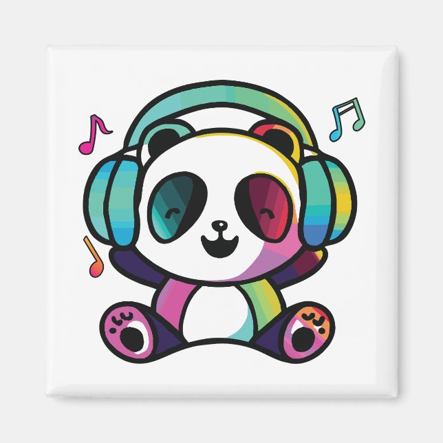 Aimant Joyeux Panda avec écouteurs écoutant de la musique (Devant)