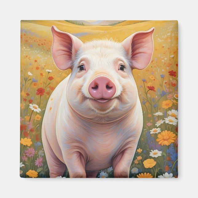 Aimant Joyeux Petit Cochon Sunny Daisy Field (Devant)