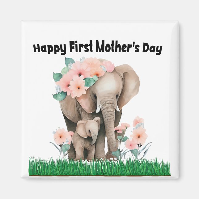 Aimant joyeux premier jour de mère mignon éléphant (Devant)