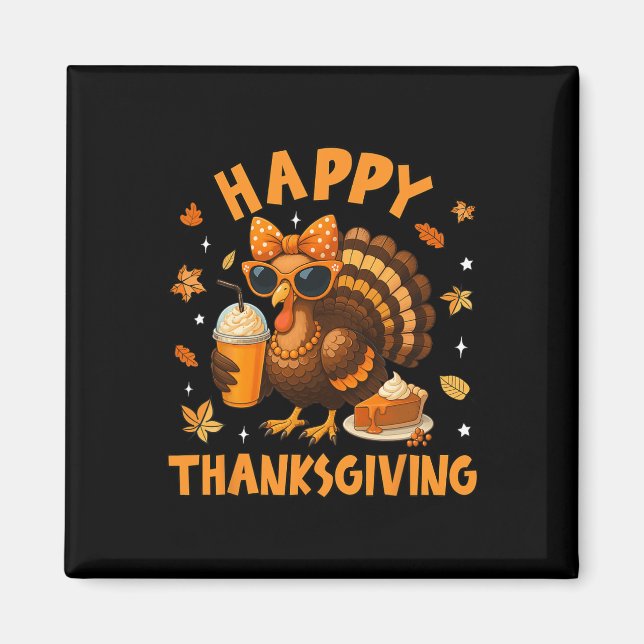 Aimant Joyeux Thanksgiving Drôle Dinde Buvant Du Café Bo (Devant)