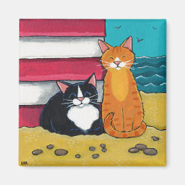 Aimant Joyeux Tuxedo et Tabby Cat sur la plage