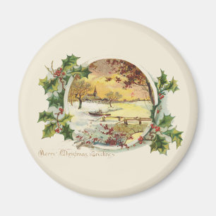 Aimant Joyeux voeux de Noël Scène Village Vintage