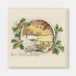 Aimant Joyeux voeux de Noël Scène Village Vintage