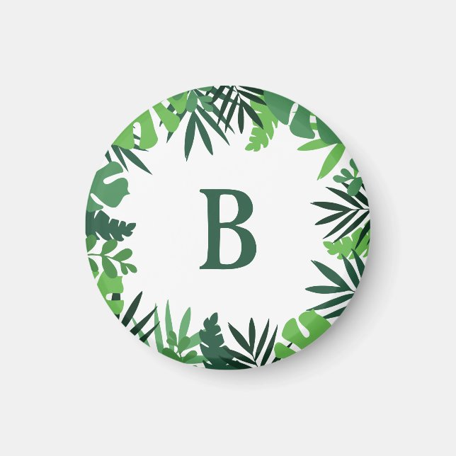 Aimant Jungle palme tropicale feuille monogramme vert (Devant)