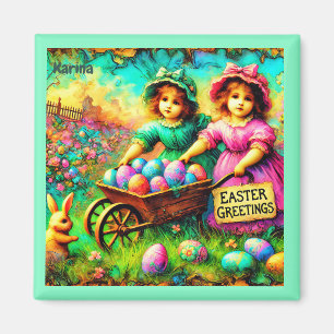 Aimant KARINA ~ FILLES DE PÂQUES VINTAGES ~ OEufs de Pâqu