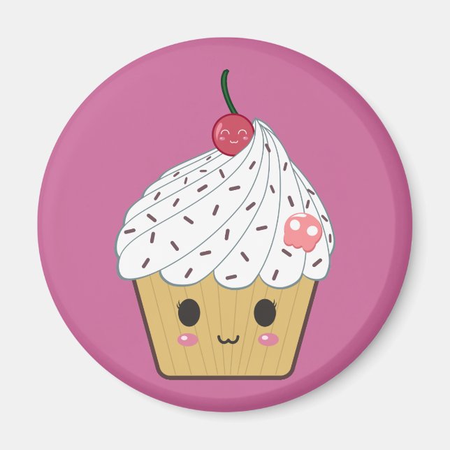 Aimant Kawaii Cupcake avec crâne de sucre rose et cerise (Devant)