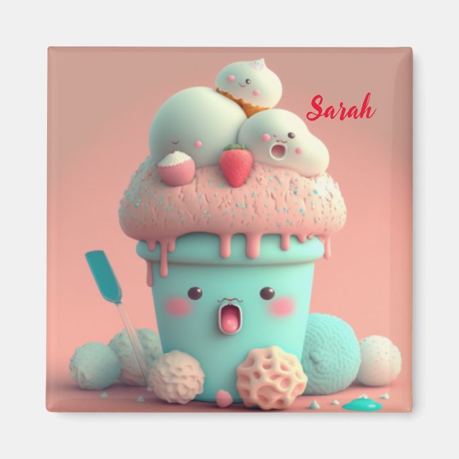 Aimant Kawaii rose mignonne tasse de crème glacée (Devant)