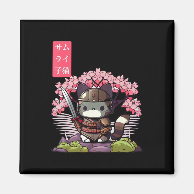 Aimant Kawaii Samurai Kitten avec fleurs de cerisier japo (Devant)