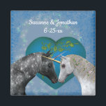 Aimant Kissing Unicorns Cute Personalized Wedding<br><div class="desc">Mystical black unicorn kissing a lovely white unicorn on an elegant blue heart surrounded by sparkly blue lights and hearts save the date wedding announcement or favor magnet. Fill in your information in the template. Make more changes to text and font size, style, and color by clicking on Customize. This...</div>