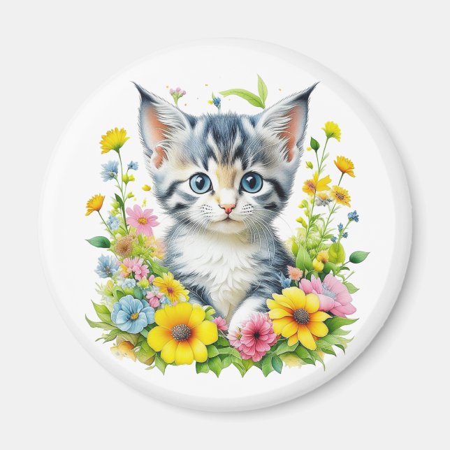 Aimant Kit de fleurs de chaton à l'aquarelle Noël (Devant)