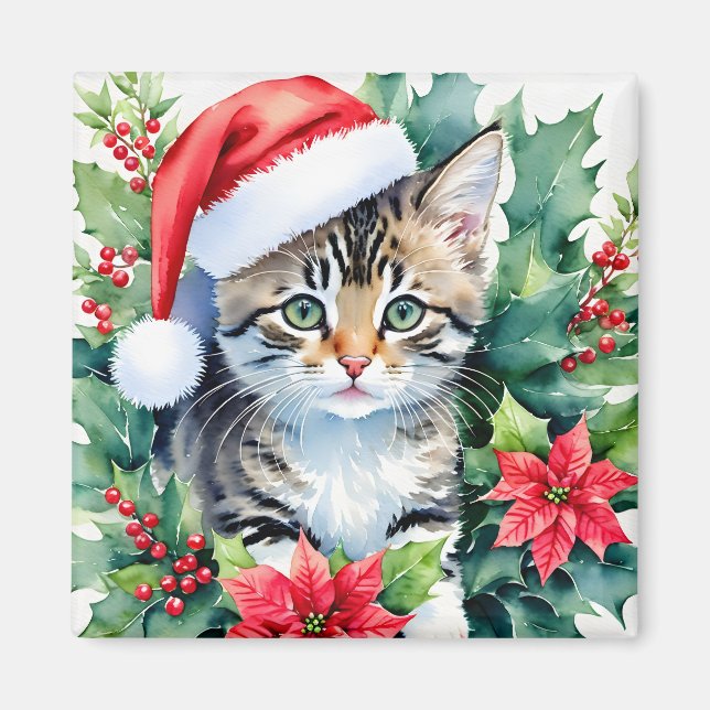 Aimant Kitten À Santa Hat Noël Aquarelle Art (Devant)