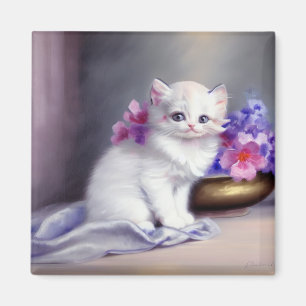 Aimant Kitten blanc vintage aux fleurs roses et violettes